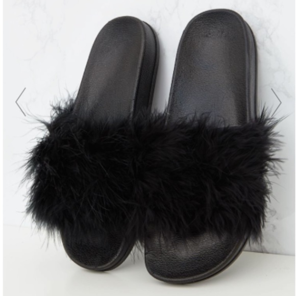 Black Feather Slip On Slide Sandals - Picture 1 of 5